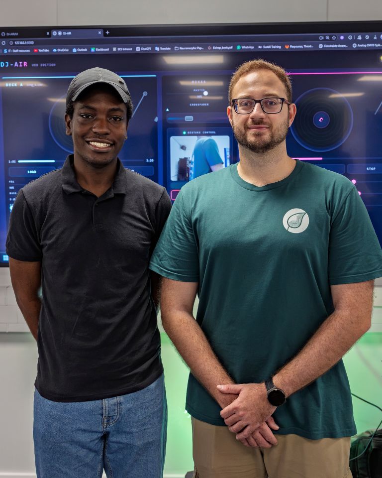 UKRI MINDS CDT Postgraduate Researcher Keniel Peart and SustAI CDT Postgraduate Researcher Theo Parpounas